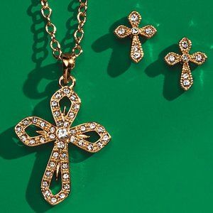 Avon Pavé Cubic Zirconia Goldtone Cross Pendant & Matching Studded Earrings Set